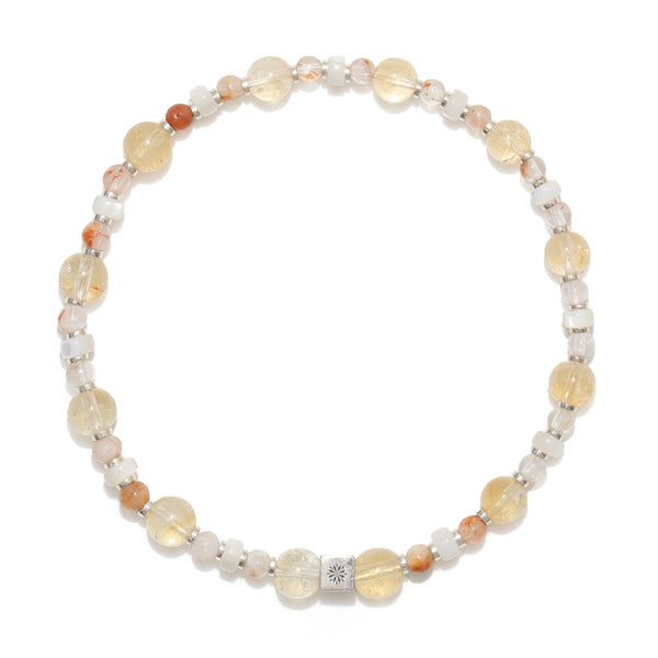 Natural Yellow Azez Crystal, Snowflake Rutilated Crystal, and Mother-of-pearl Bracelet – ‘Key to Wealth’